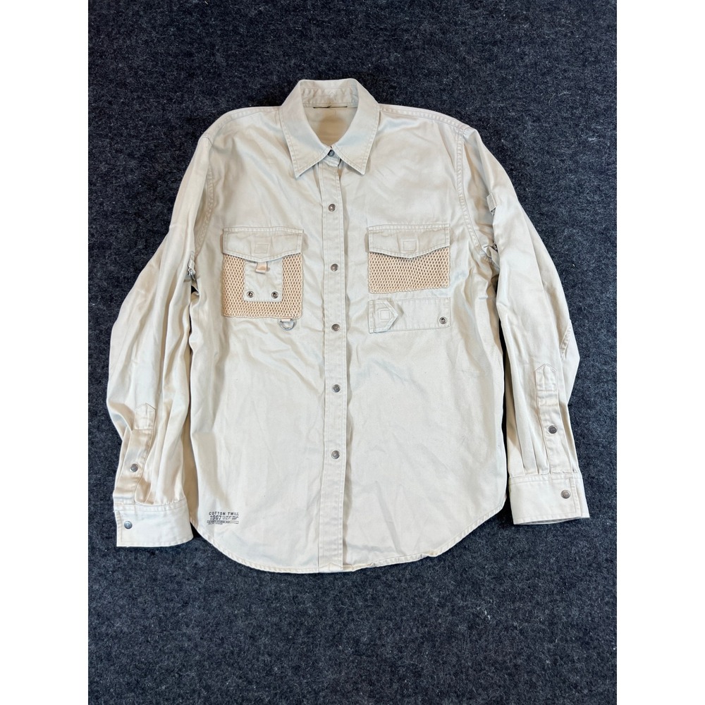 Vintage Ralph Lauren Cotton Twill Utility Shirt Mens Tan Mesh Pocket Safari L